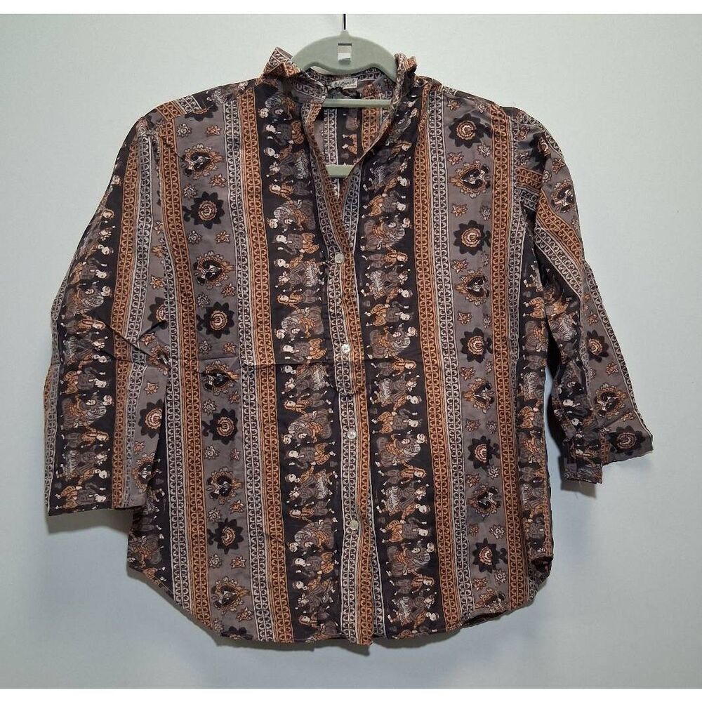 Vintage baltman fifth ave womens small batik rust brown art shirt top viscose